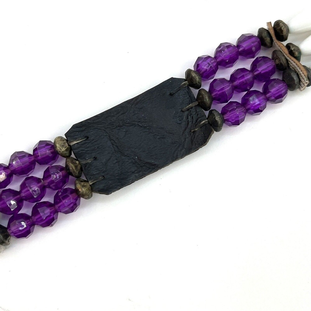 Handmade Beaded & Soft Leather Choker Necklace Purple White Diamond Design - Picture 7 of 12